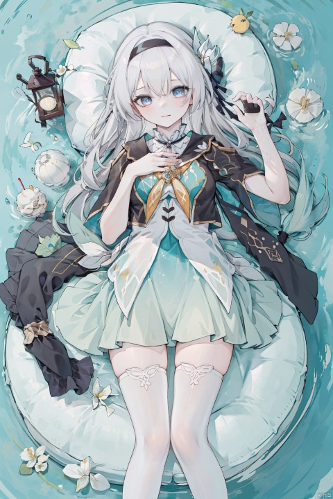  masterpiece, best quality,1girl, alternate costume, 
\\\\\\\\\
 1girl, solo,  flower, lantern, water, ripples, bangs, white_flower, looking_at_viewer, full_body, copyright_name, reflection, lying,
\\\\\\\\\\\,
liuying,def clothe,1girl,black thighhighs,blue eyes,hairband,long hair,black hairband,fingerlessgloves,skirt,
