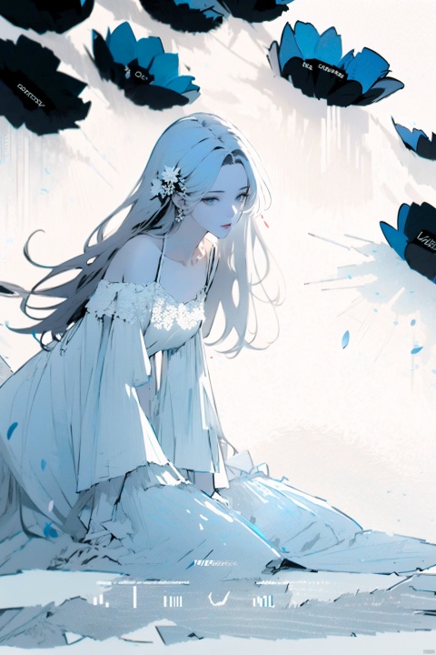  1girl, blue eyes, white long translucent night gown, expressionless, (white hair), hair cover one eye, long hair, blue hair flower, kneeling on lake, blood, (plenty of blue petals:1.35), (white background:1.5), (English text), greyscale, monochrome,greyscale,monochrome,sketch, liuying, meiren-red lips, Diagram