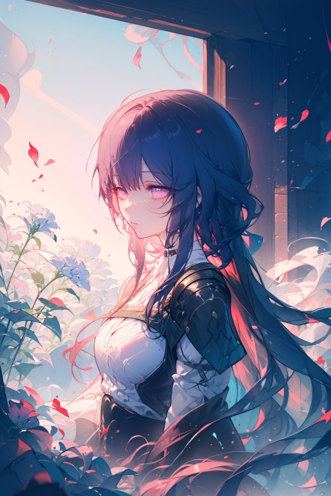  1girl, long hair, flower, Lisianthus, in the style of red and light azure, dreamy and romantic compositions, red, ethereal foliage, playful arrangements, fantasy, high contrast, ink strokes, explosions, over exposure, purple and red tone impression, abstract, whole body capture, ,
, 1girl, liuying, official