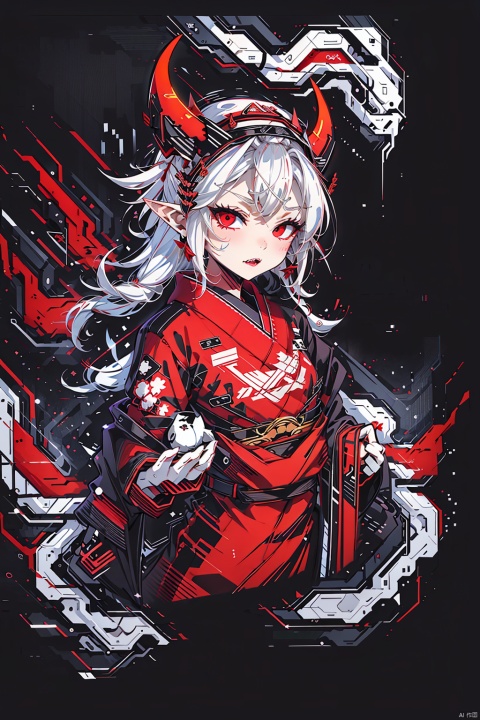  Masterpiece, high-quality, 1girl, solo, looking at viewer, red eyes, white hair, parted lips, japanese clothes, horns, pointy ears, wide sleeves, kimono, glowing, fangs, floral print, head wings, pale skin, glowing eyes, lantern, print kimono, black kimono