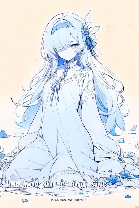  1girl, blue eyes, white long translucent night gown, expressionless, (white hair), hair cover one eye, long hair, blue hair flower, kneeling on lake, blood, (plenty of blue petals:1.35), (white background:1.5), (English text), greyscale, monochrome,greyscale,monochrome,sketch, liuying