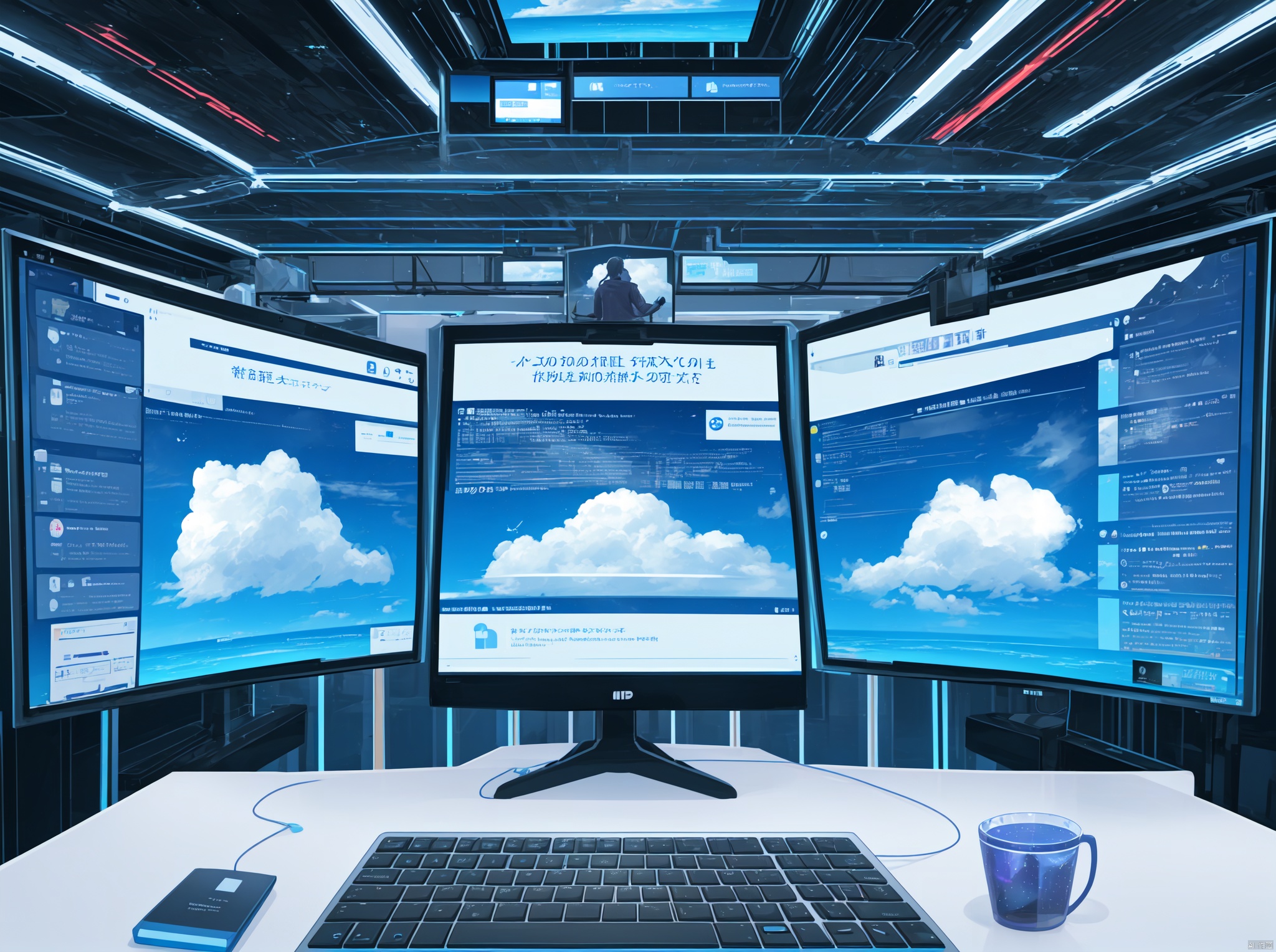 Work in front of the computer, Cloud customer service, Keep the text in mind for risk control security, Text Protection: Customers protect themselves, Transparent smartphone,Work on a computer desktop, Cloud customer service, Keep the text in mind for risk control security, Text Protection: Customers protect themselves, holographic interface, fantasy, Transparent smartphone