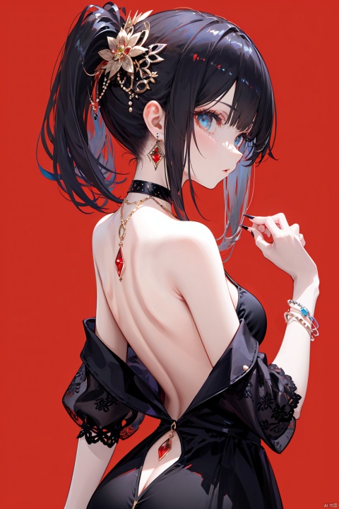  nai3, 1girl, solo, dress, red background, jewelry, blue eyes, ponytail, black hair, earrings, red nails, black dress, long hair, simple background, from behind, looking at viewer, looking back, bare shoulders, nail polish, bangs, backless outfit, choker, backless dress, profile, back, necklace, cowboy shot, gem, bracelet, hair ornament