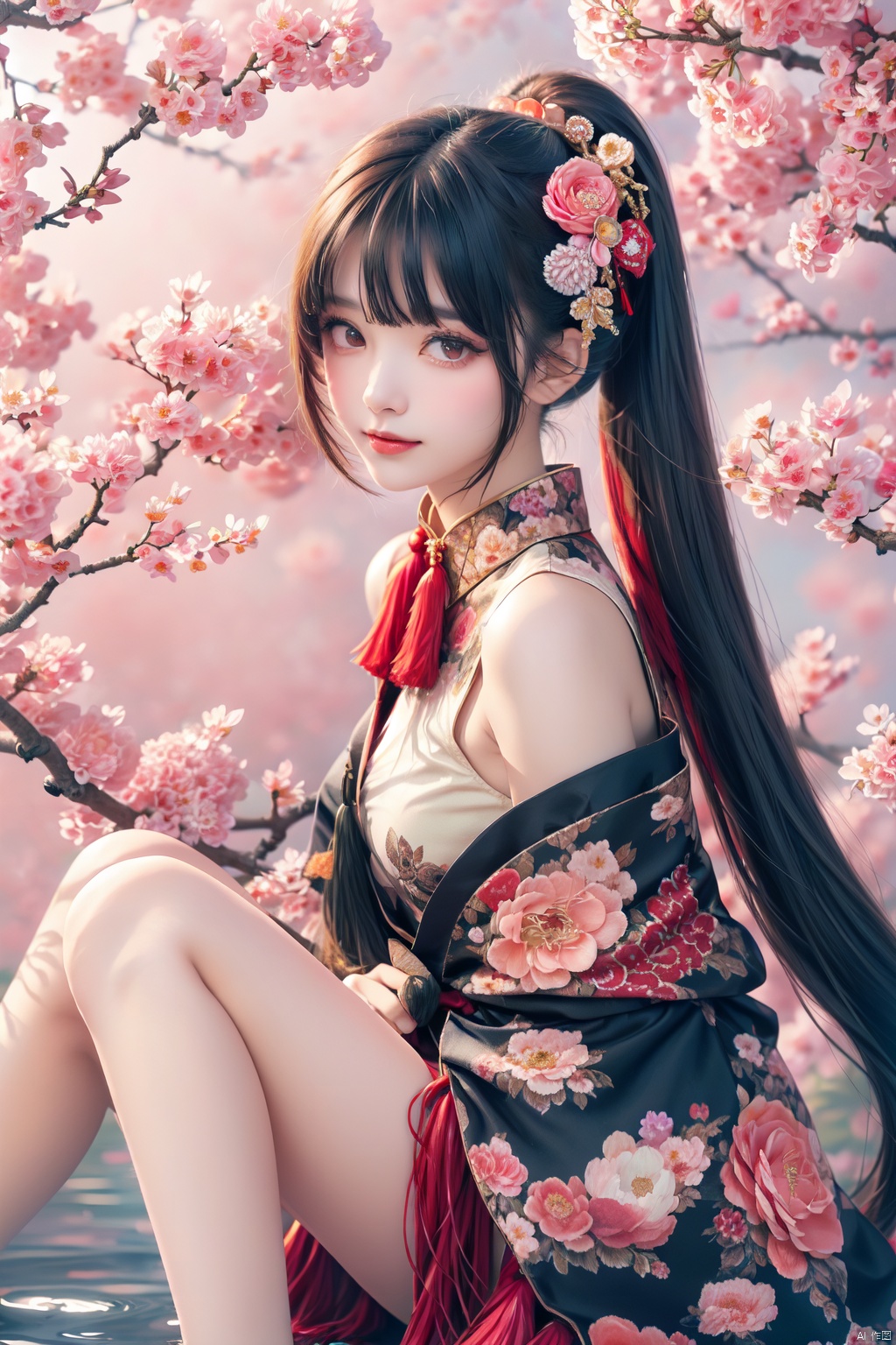  (masterpiece,best quality,absurdres:1.1), 1girl,beautiful detailed girl,fine and beautiful detailed skin,(tassel hair ornament:1.3),solo,blunt bangs,blunt tresses,ponytail,hair bow,hair ribbon,red ribbon,long hair,smile,legs up,sitting in tree,flower necklace,vines,frilled skirt, (extremely detailed beautiful background:1.1),(floral background:1.3),flower,bloom,The tree is in full bloom with flowers,glowing butterfly,butterfly,Flowers all over the ground,(Flowers blooming all over the branches,:1.1), ray tracing,reflection light,water drop,(beautiful detailed eyeliner),(beautiful detailed skin),(smooth skin),(shiny skin:0.8),(shiny:0.8),wide shot,depth of field,rainbow,