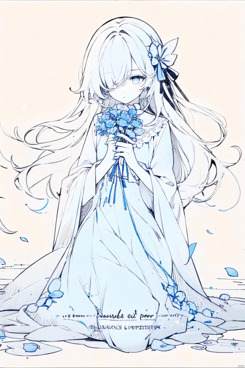  1girl, blue eyes, white long translucent night gown, expressionless, (white hair), hair cover one eye, long hair, blue hair flower, kneeling on lake, blood, (plenty of blue petals:1.35), (white background:1.5), (English text), greyscale, monochrome,greyscale,monochrome,sketch, liuying