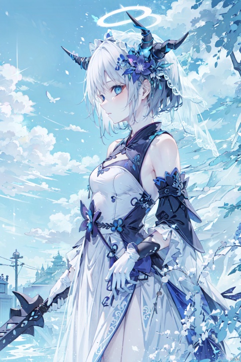  1girl, solo, frankenstein's monster \(fate\), single horn, horns, dress, gloves, blue eyes, mechanical horns, white gloves, short hair, white dress, veil, weapon, elbow gloves, sky, flower, bare shoulders, cloud, holding, hand on own chest, profile, breasts, from side, headgear, hair ornament, holding weapon, looking at viewer, night, cloudy sky, hair flower, electricity, detached sleeves, standing, xxhanfu halo cyber phoenix crown, (\shuang hua\)