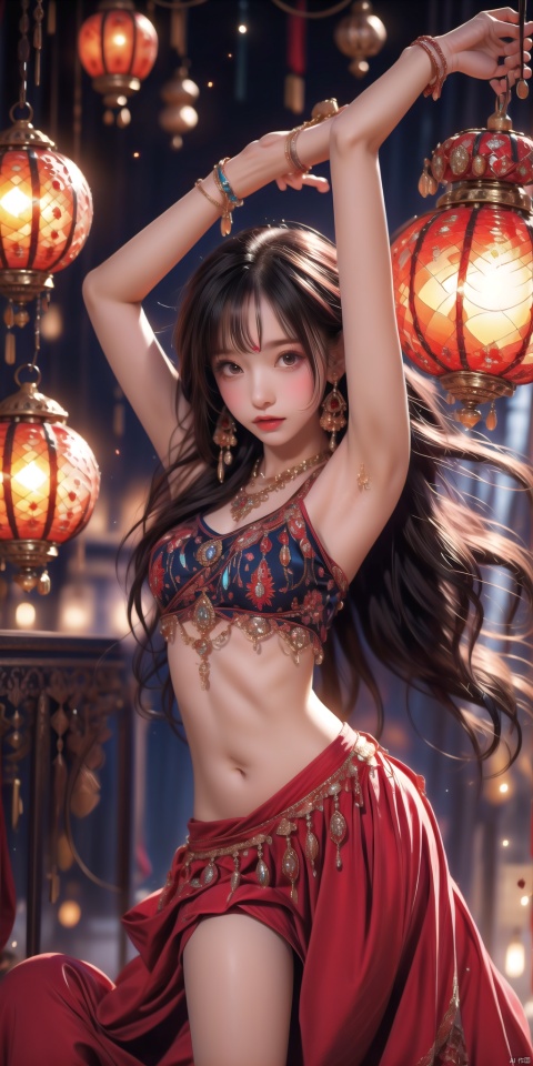  (masterpiece:1.2),(rich details:1.2),best quality,realistic,photorealistic,dance dive, 1girl, solo, long hair, jewelry, looking at viewer, bracelet, arms up, skirt, navel, red hair, armlet, earrings, midriff, dancer, gem, lantern, blurry, necklace, red skirt, long skirt, head chain, dancing, breasts, standing, closed mouth, bare shoulders, lamp, armpits, light particles, bangs, dancing diva, Anime