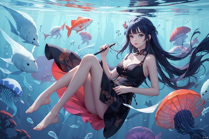  (masterpiece), (best quality),(illustration), ((chinese colorful ink)),wide shot, best quality, epic scenes, impactful visuals, 
1girl, long hair, dress, underwater, solo, barefoot, black dress, very long hair, breasts, blue hair, blue eyes, jellyfish, cleavage, bubble, looking at viewer, bangs, coral, bare legs, sleeveless, full body, medium breasts, air bubble, fish