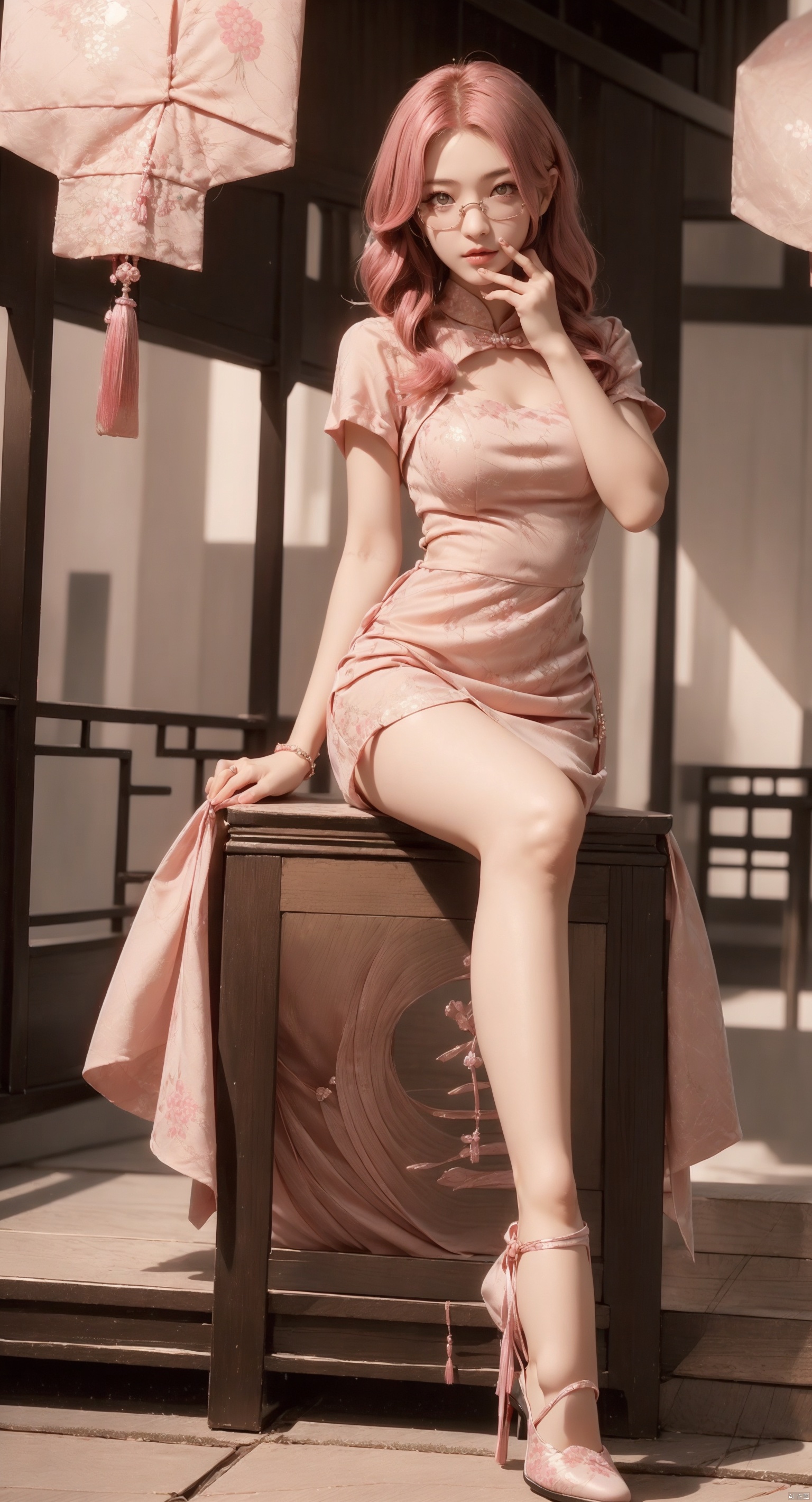 High quality, ultra high definition, surreal, highest resolution, high detail, clear visuals, girl, full body portrait, sapphire eyes, red lips, exquisite facial features, looking at the camera, (facial close-up), ((pink hair)), mid chest, (round neck), tall figure,, high heels, gym,PinkMecha,latex,4k,极致细节,****,油亮的乳胶衣,Chinese cheongsam,siting,(wearing exquisite glasses"。,FF pink eyes,sitting in a Chinese-style garden pavilion