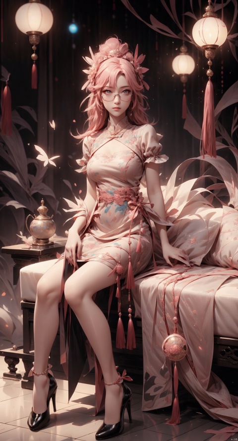  High quality, ultra high definition, surreal, highest resolution, high detail, clear visuals, girl, full body portrait, sapphire eyes, red lips, exquisite facial features, looking at the camera, (facial close-up), ((pink hair)), mid chest, (round neck), tall figure,, high heels, gym,PinkMecha,latex,4k,极致细节,裸露**,油亮的乳胶衣,Chinese cheongsam,siting,(wearing exquisite glasses"。,FF pink eyes,sitting in a Chinese-style garden pavilion