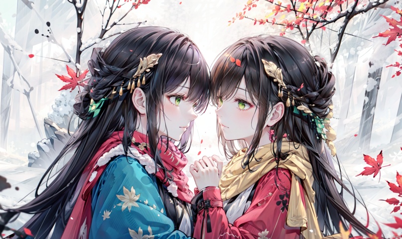 1girl, long hair, bangs, brown hair, black hair, long sleeves, 1boy, closed mouth, upper body, hetero, hand up, scarf, looking at another, coat, profile, leaf, expressionless, wind, light particles, eye contact, height difference, branch, white scarf, autumn leaves, yellow theme, clothes grab, A couple look at each other affectionately, Aesthetic, The seasons change, Winter, Autumn, Spring, Summer, Snow theme, Purple theme, Green theme, from side