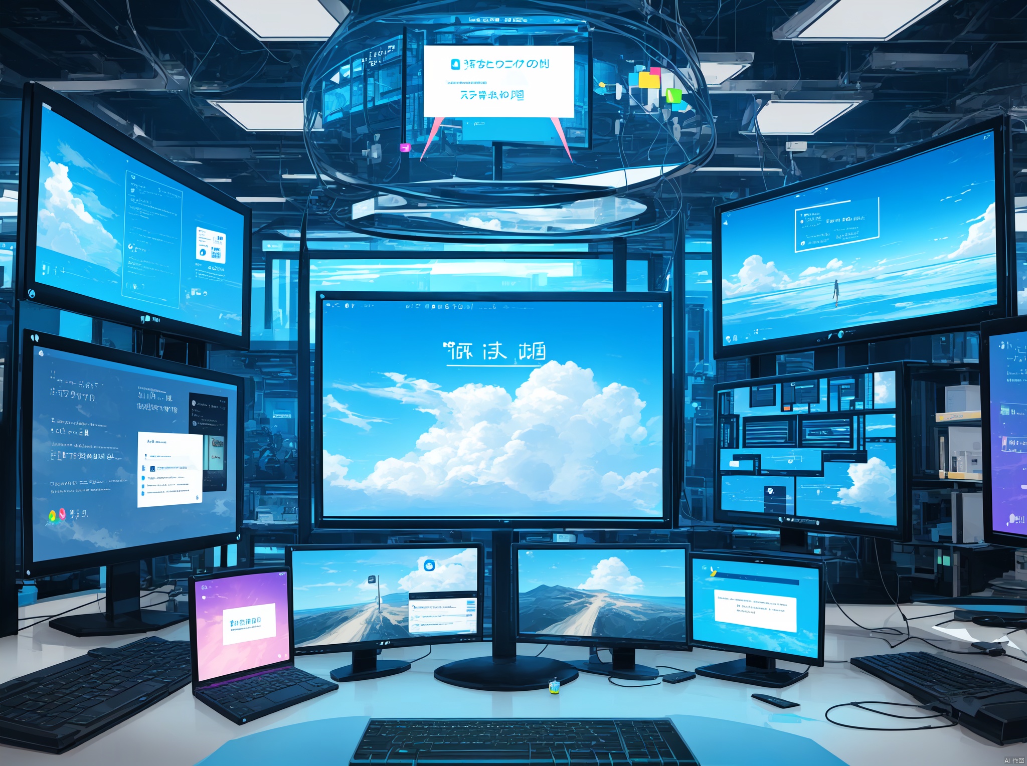Work in front of the computer, Cloud customer service, Keep the text in mind for risk control security, Text Protection: Customers protect themselves, Transparent smartphone,Work on a computer desktop, Cloud customer service, Keep the text in mind for risk control security, Text Protection: Customers protect themselves, holographic interface, fantasy, Transparent smartphone