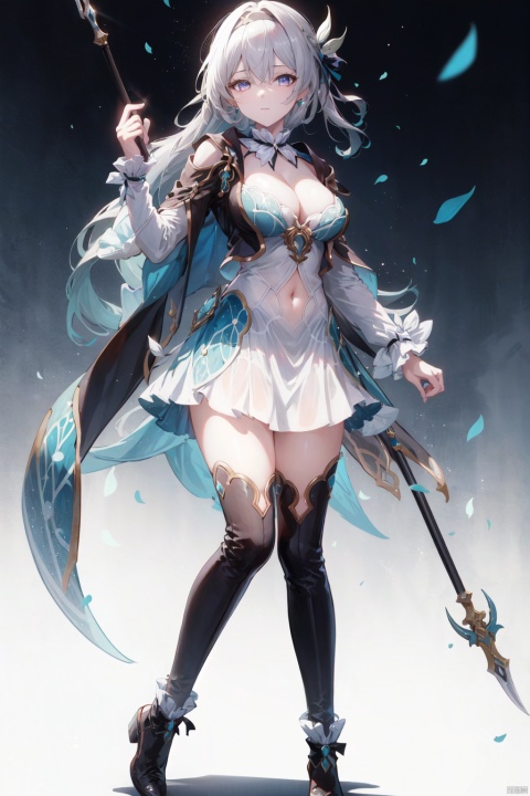 breasts, 1girl, long hair, black dress, very long hair, dress, large breasts, morgan le fay \(fate\), bangs, ponytail, hair bow, blue eyes, bow, french braid, long sleeves, looking at viewer, white dress, grey hair, pelvic curtain, sidelocks, braid, boots, thighs, solo, wide sleeves, center opening, two-tone dress, black bow, thigh boots, black footwear, spear, weapon, cleavage, polearm, tiara, thighhighs, navel, spikes, tattoo,