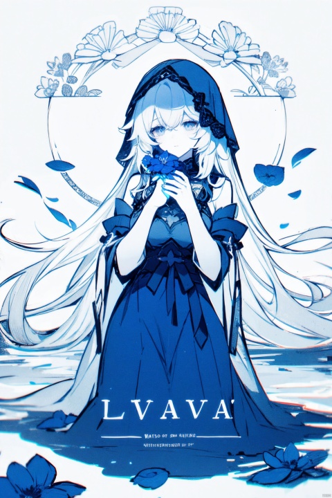  1girl, blue eyes, white long translucent night gown, expressionless, (white hair), hair cover one eye, long hair, blue hair flower, kneeling on lake, blood, (plenty of blue petals:1.35), (white background:1.5), (English text), greyscale, monochrome,greyscale,monochrome,sketch, liuying, backlight,a girl named heitiane