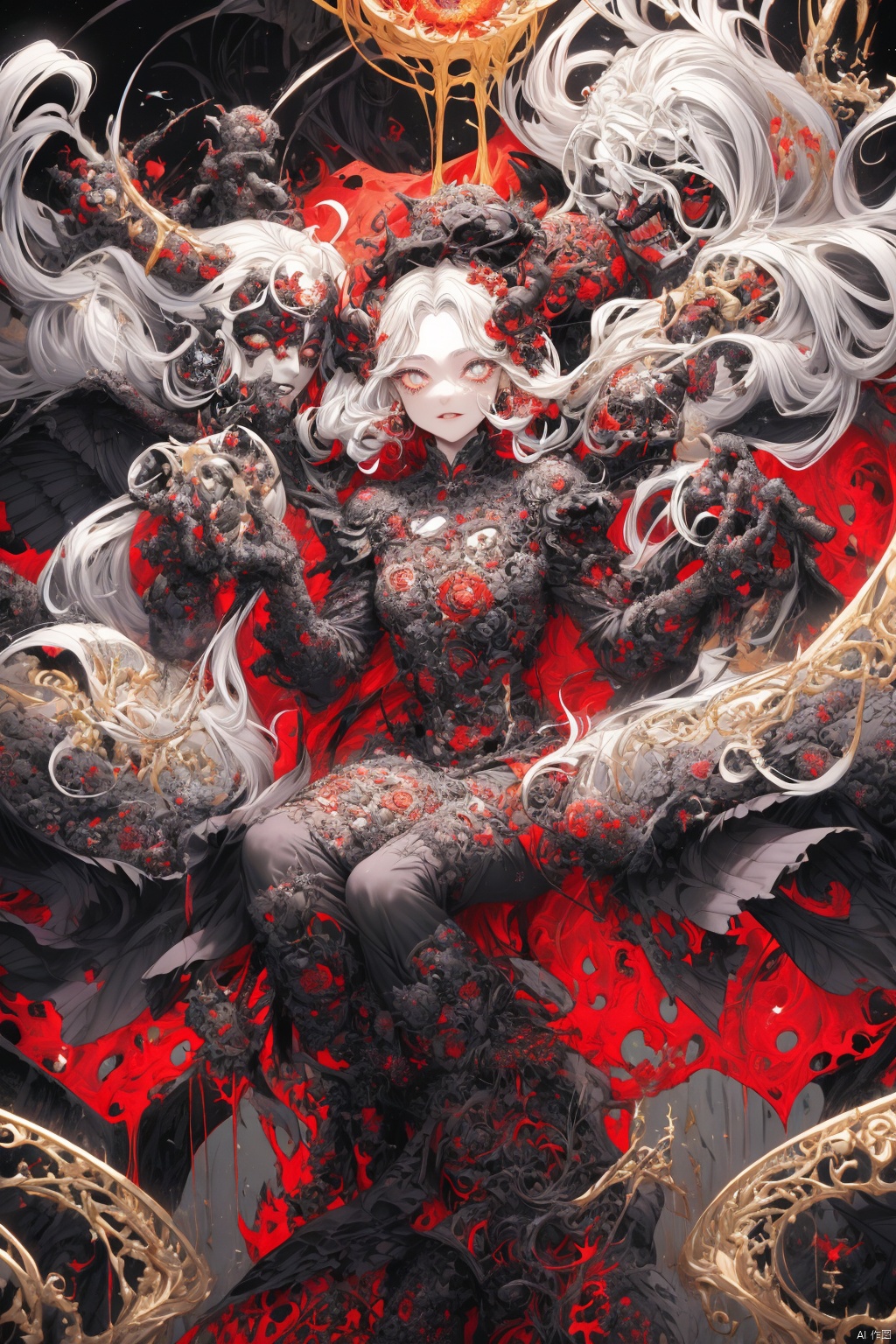  Envision a scene where the demons, having conquered heaven, now revel in their victory. The colors are dark and twisted, with the demons' forms contorted in expressions of cruel delight as they defile the once holy ground of the celestial realm., zgct color, 1girl, best quality