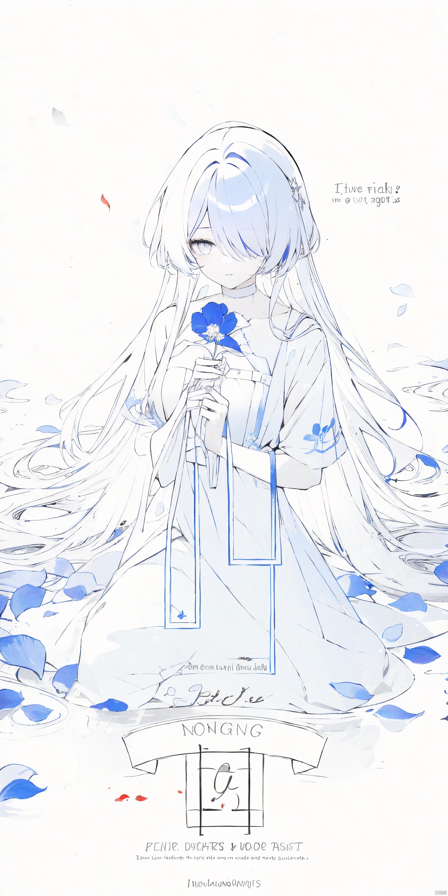  1girl, blue eyes, white long translucent night gown, expressionless, (white hair), hair cover one eye, long hair, blue hair flower, kneeling on lake, blood, (plenty of blue petals:1.35), (white background:1.5), (English text), greyscale, monochrome,greyscale,monochrome,sketch, liuying