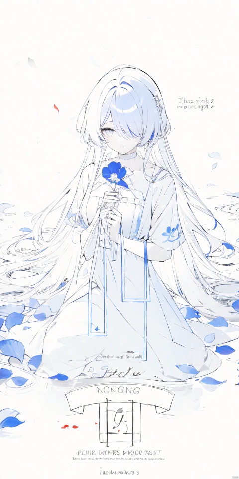  1girl, blue eyes, white long translucent night gown, expressionless, (white hair), hair cover one eye, long hair, blue hair flower, kneeling on lake, blood, (plenty of blue petals:1.35), (white background:1.5), (English text), greyscale, monochrome,greyscale,monochrome,sketch, liuying