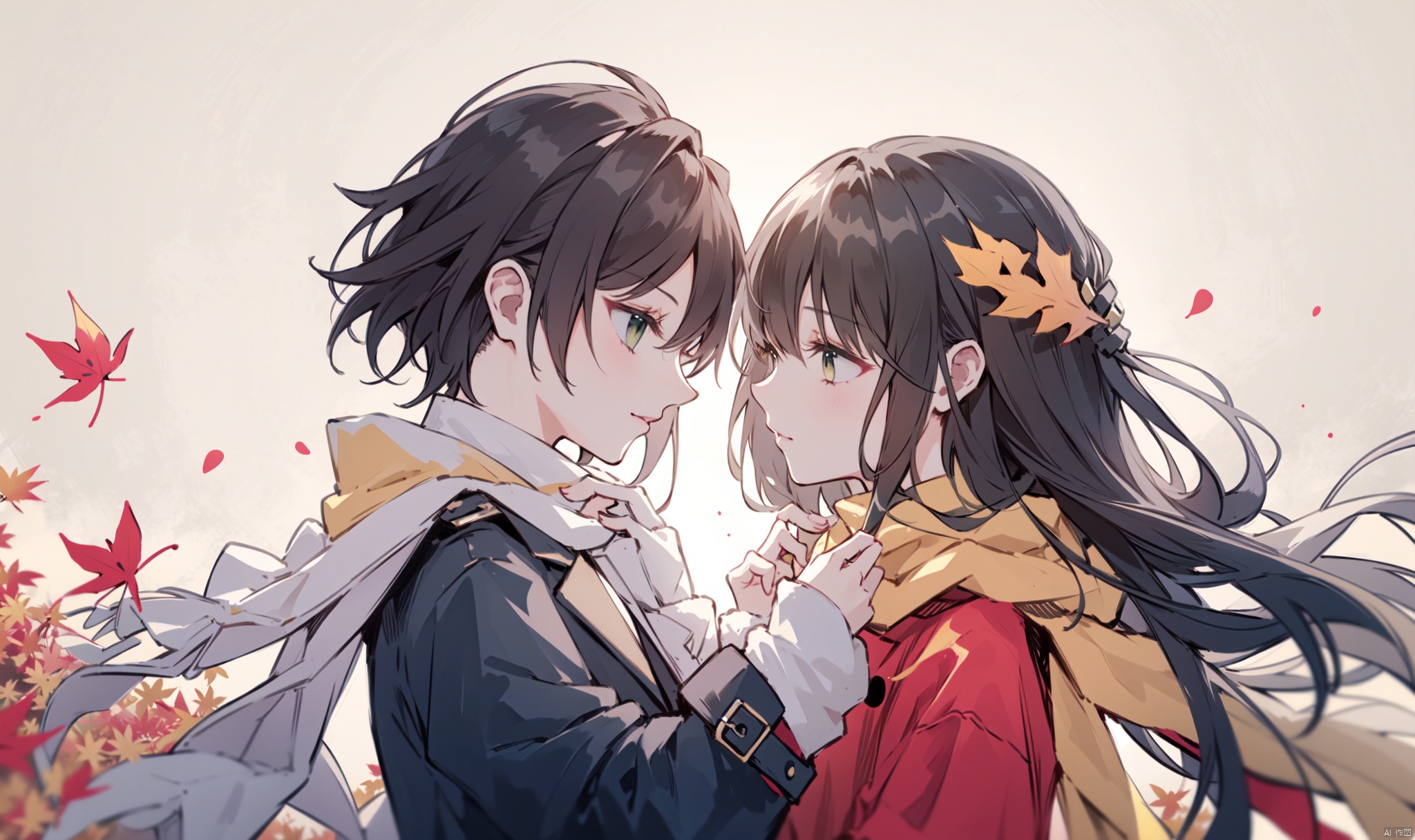 1girl, long hair, bangs, brown hair, black hair, long sleeves, 1boy, closed mouth, upper body, hetero, hand up, scarf, looking at another, coat, profile, leaf, expressionless, wind, light particles, eye contact, height difference, branch, white scarf, autumn leaves, yellow theme, clothes grab, A couple look at each other affectionately, Aesthetic, The seasons change, from side