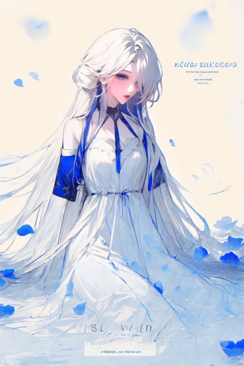  1girl, blue eyes, white long translucent night gown, expressionless, (white hair), hair cover one eye, long hair, blue hair flower, kneeling on lake, blood, (plenty of blue petals:1.35), (white background:1.5), (English text), greyscale, monochrome,greyscale,monochrome,sketch, liuying, meiren-red lips, Diagram