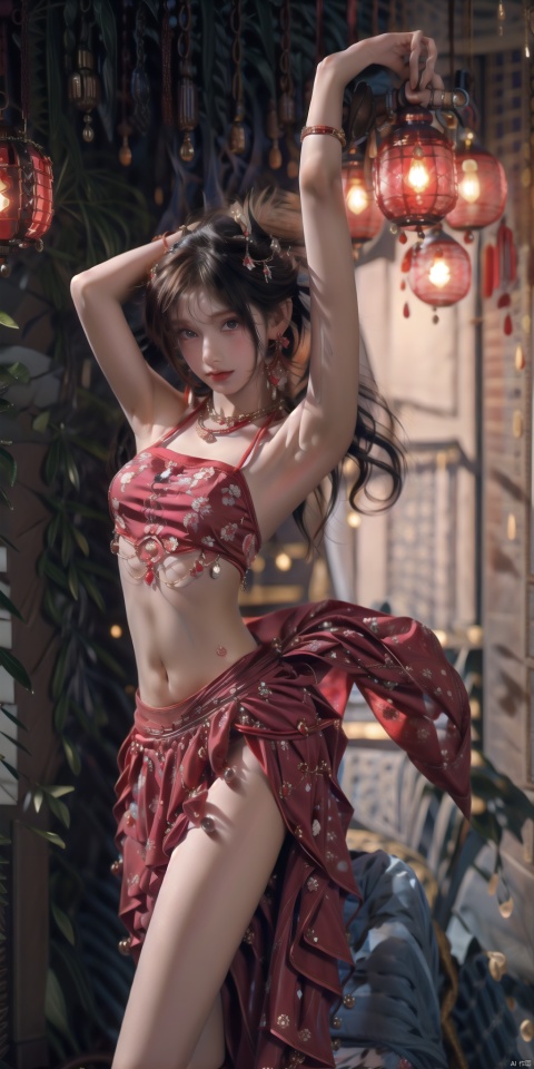  (masterpiece:1.2),(rich details:1.2),best quality,realistic,photorealistic,dance dive, 1girl, solo, long hair, jewelry, looking at viewer, bracelet, arms up, skirt, navel, red hair, armlet, earrings, midriff, dancer, gem, lantern, blurry, necklace, red skirt, long skirt, head chain, dancing, breasts, standing, closed mouth, bare shoulders, lamp, armpits, light particles, bangs, dancing diva, Anime, spread leg