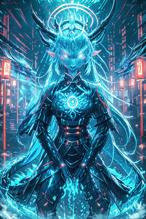  A girl,half body,sit,linkedrahon,Chinese dragon,(Blue glowing eyes:1.2), glowing, xxhanfu_halo_nhhyxx, xxhanfu halo cyber phoenix crown。Long black hair,Elf ear,Sharp ears,((Blue luminous dragon horn: 1.2)), xxhanfu halo cyber phoenix crown,glowing Dragon scale,呃呃呃