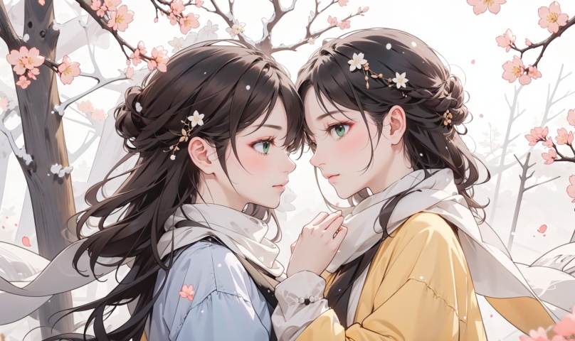 1girl, long hair, bangs, brown hair, black hair, long sleeves, 1boy, closed mouth, upper body, hetero, hand up, scarf, looking at another, coat, profile, leaf, expressionless, wind, light particles, eye contact, height difference, branch, white scarf, autumn leaves, yellow theme, clothes grab, A couple look at each other affectionately, Aesthetic, The seasons change, Winter, Autumn, Spring, Summer, Snow theme, Purple theme, Green theme, It snows, Willow tree, Peach blossom, from side, yinwen,no humans