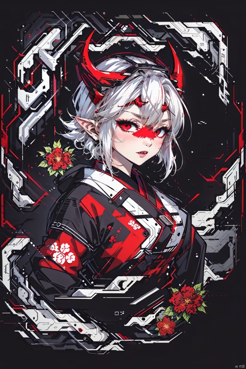  Masterpiece, high-quality, 1girl, solo, looking at viewer, red eyes, white hair, parted lips, japanese clothes, horns, pointy ears, wide sleeves, kimono, glowing, fangs, floral print, head wings, pale skin, glowing eyes, lantern, print kimono, black kimono