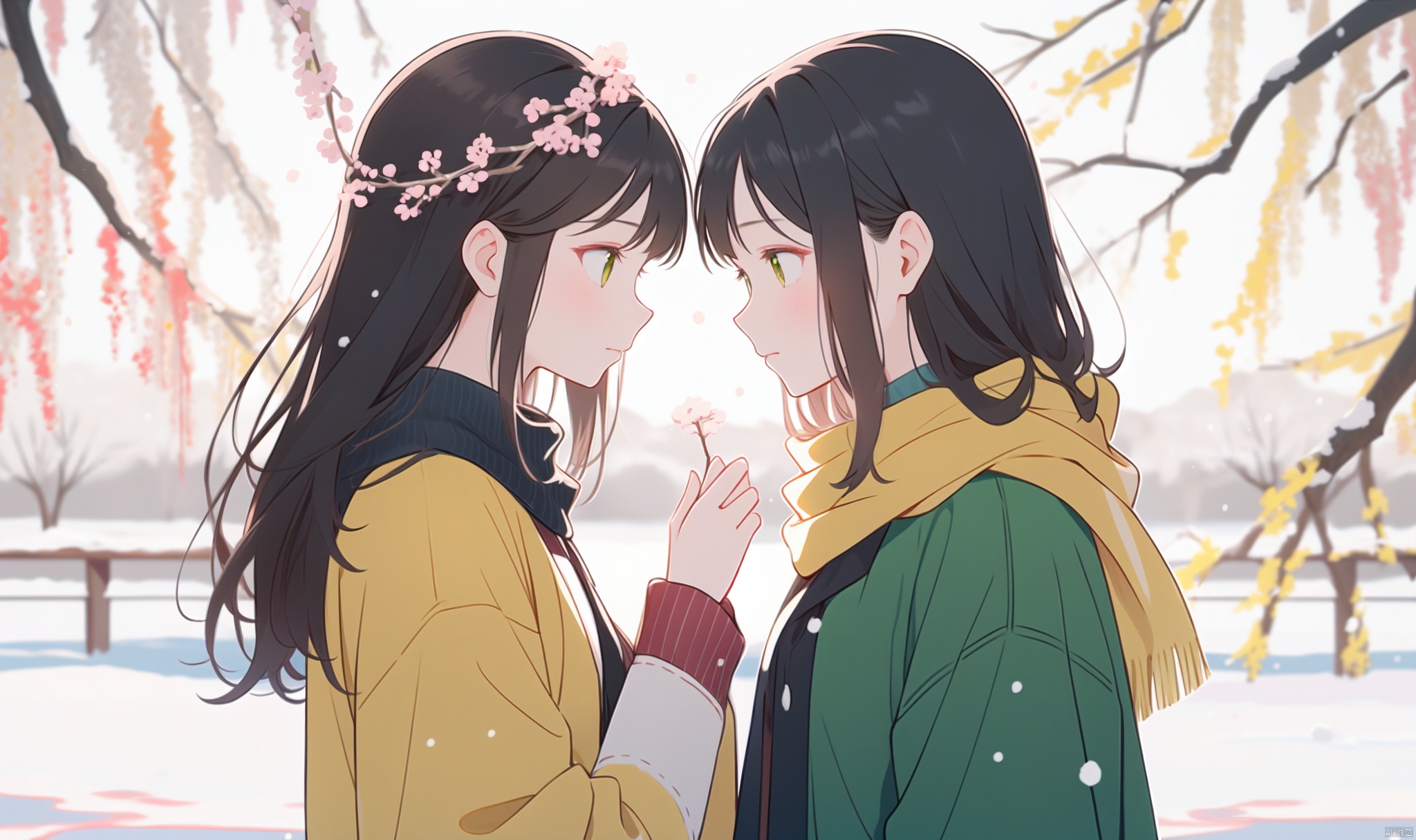 1girl, long hair, bangs, brown hair, black hair, long sleeves, 1boy, closed mouth, upper body, hetero, hand up, scarf, looking at another, coat, profile, leaf, expressionless, wind, light particles, eye contact, height difference, branch, white scarf, autumn leaves, yellow theme, clothes grab, A couple look at each other affectionately, Aesthetic, The seasons change, Winter, Autumn, Spring, Summer, Snow theme, Purple theme, Green theme, It snows, Willow tree, Peach blossom, from side, yinwen,no humans