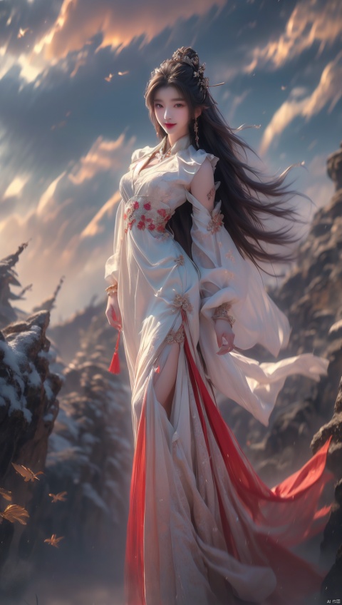  1girl,cowboy shot,magical abstraction, white wavy hair, (delicate and beautiful oriental face), perky breasts, (upper thighs shot:1.3), (fantasy style, 8K, masterpiece, best quality:1.15), (flying in the sky:1.6),
(intricate details:0.9), (hdr, hyperdetailed:1.2),magiccircle,(floating:1.2),long hair,headwear,(standing),((dress,skirt)),, (chinese_clothes), ((tattoo)), (jewelry), (bracelet),((full body,whole body)),sweet smile, (medium breasts),((hair_ornament)),(cleavage:0.797), ((looking_at_viewer)), yanruyu, Detail, , fazhen