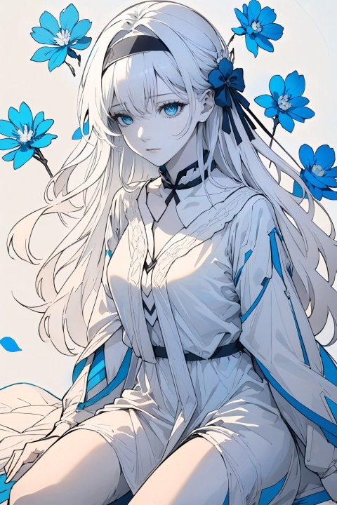  1girl, blue eyes, white long translucent night gown, expressionless, (white hair), hair cover one eye, long hair, blue hair flower, kneeling on lake, blood, (plenty of blue petals:1.35), (white background:1.5), (English text), greyscale, monochrome,greyscale,monochrome,sketch, liuying, meiren-red lips, Diagram