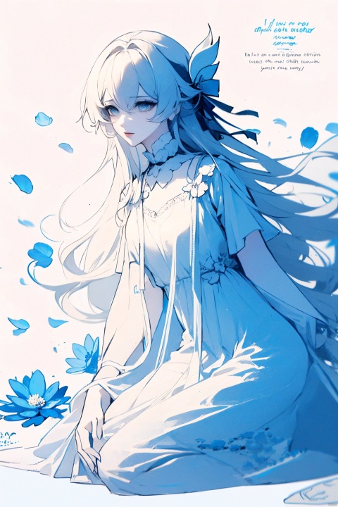  1girl, blue eyes, white long translucent night gown, expressionless, (white hair), hair cover one eye, long hair, blue hair flower, kneeling on lake, blood, (plenty of blue petals:1.35), (white background:1.5), (English text), greyscale, monochrome,greyscale,monochrome,sketch, liuying, meiren-red lips, Diagram