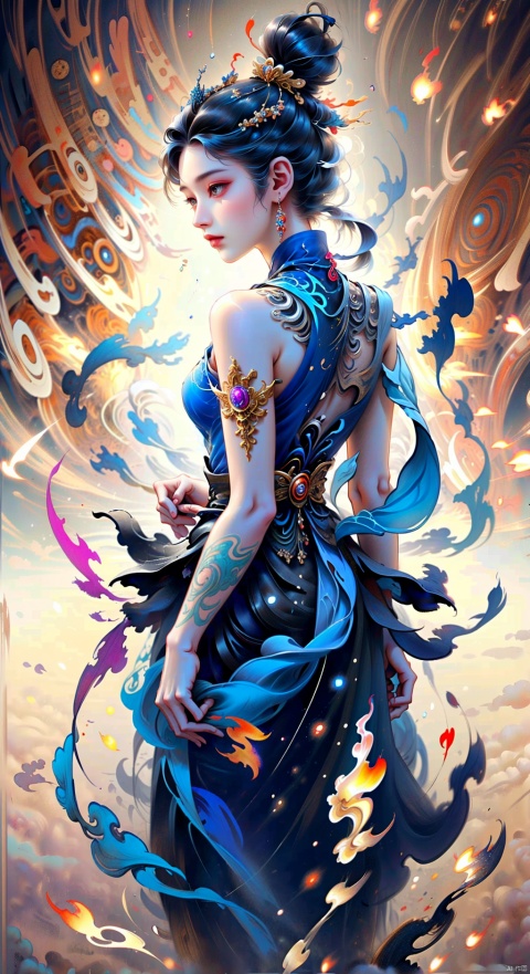  The game -Tower of Fantasy, the character -NEMESIS, (a half-human, half-mechanical beauty: 1.4), (wearing a black combat soft armor: 1.2), soft armor is inset with red, white, and gold decorations, both highlight her half-human, half-mechanical characteristics, but also give her a mysterious charm. Her long hair hung loose behind her, flowing gently, in stark contrast to the grim style of the outfit. There was a firmness in her eyes, as if she were ready to fight for justice whenever and wherever she could