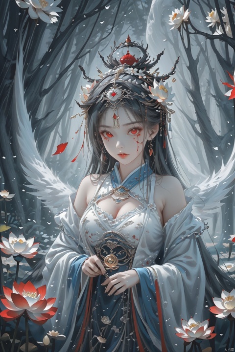  ((masterpiece)),((best quality)),8k,high detailed,ultra-detailed,upper body,((huangfu paper)),1girl,jiangshigirl costume,huangfu,(blood-red eyes)),painted face,with glowing eyes,floats above a field of lotus flowers. The surreal scene blends elements of traditional folklore with a fantastical dreamscape,creating an otherworldly and serene ambiance. ((floating:1.2)),(dreamlike),(lotus field),Unreal Engine rendering,exploring the intersection of dreams and the supernatural, qiuyinong, drakan_longdress_dragon crown_headdress, qzcnhorror