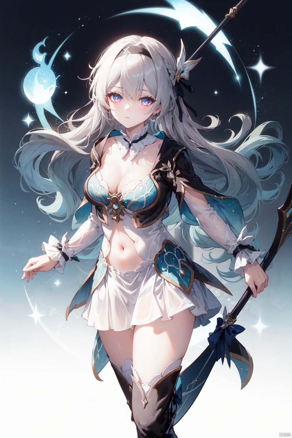 breasts, 1girl, long hair, black dress, very long hair, dress, large breasts, morgan le fay \(fate\), bangs, ponytail, hair bow, blue eyes, bow, french braid, long sleeves, looking at viewer, white dress, grey hair, pelvic curtain, sidelocks, braid, boots, thighs, solo, wide sleeves, center opening, two-tone dress, black bow, thigh boots, black footwear, spear, weapon, cleavage, polearm, tiara, thighhighs, navel, spikes, tattoo,