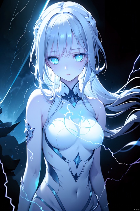 composed of elements of thunder,thunder,electricity,Create a spectral woman with a (translucent appearance:1.3),Her form is barely tangible,with a soft glow emanating from her gentle contours,The surroundings subtly distort through her ethereal presence,casting a dreamlike ambiance,(white hair:0.1),,((BLUE eyes)),((glowing)), Apricot eye