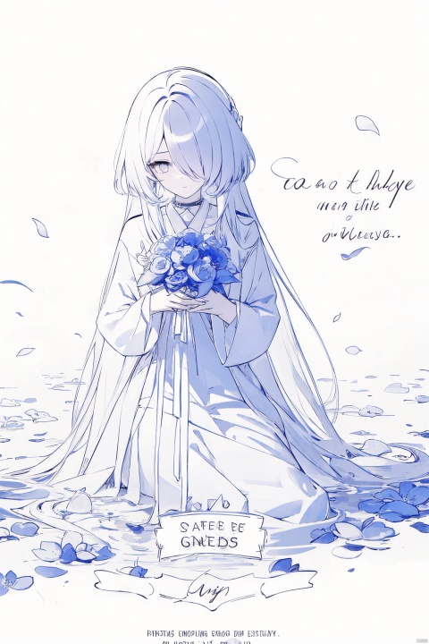  1girl, blue eyes, white long translucent night gown, expressionless, (white hair), hair cover one eye, long hair, blue hair flower, kneeling on lake, blood, (plenty of blue petals:1.35), (white background:1.5), (English text), greyscale, monochrome,greyscale,monochrome,sketch, liuying