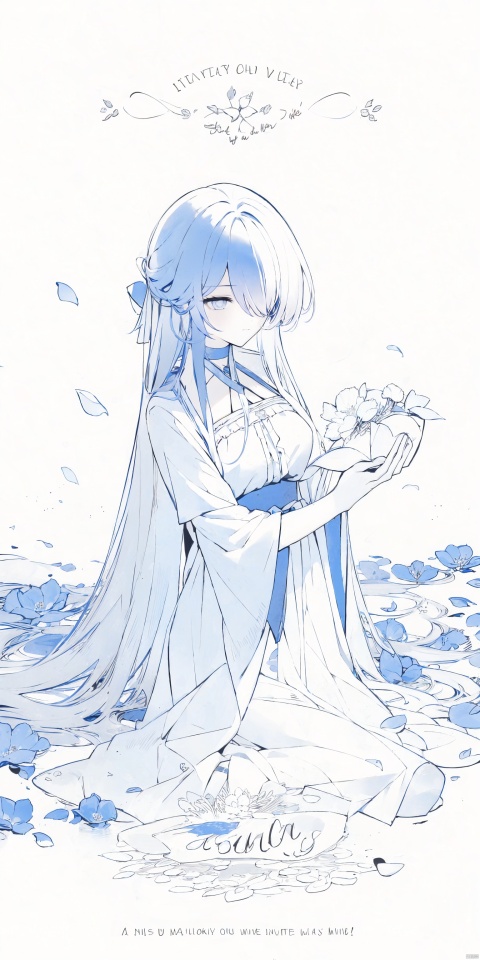  1girl, blue eyes, white long translucent night gown, expressionless, (white hair), hair cover one eye, long hair, blue hair flower, kneeling on lake, blood, (plenty of blue petals:1.35), (white background:1.5), (English text), greyscale, monochrome,greyscale,monochrome,sketch, liuying