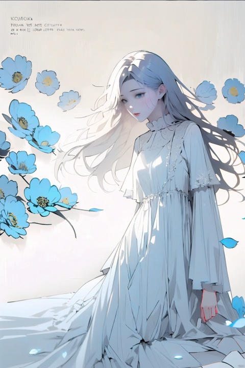  1girl, blue eyes, white long translucent night gown, expressionless, (white hair), hair cover one eye, long hair, blue hair flower, kneeling on lake, blood, (plenty of blue petals:1.35), (white background:1.5), (English text), greyscale, monochrome,greyscale,monochrome,sketch, liuying, meiren-red lips, Diagram