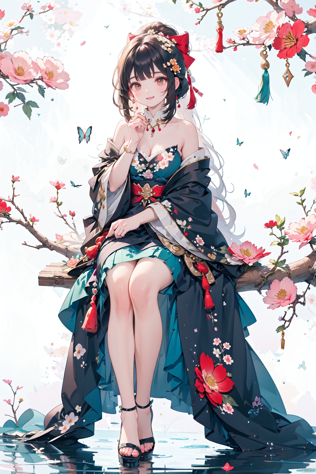  (masterpiece,best quality,absurdres:1.1), 1girl,beautiful detailed girl,fine and beautiful detailed skin,(tassel hair ornament:1.3),solo,blunt bangs,blunt tresses,ponytail,hair bow,hair ribbon,red ribbon,long hair,smile,legs up,sitting in tree,flower necklace,vines,frilled skirt, (extremely detailed beautiful background:1.1),(floral background:1.3),flower,bloom,The tree is in full bloom with flowers,glowing butterfly,butterfly,Flowers all over the ground,(Flowers blooming all over the branches,:1.1), ray tracing,reflection light,water drop,(beautiful detailed eyeliner),(beautiful detailed skin),(smooth skin),(shiny skin:0.8),(shiny:0.8),wide shot,depth of field,rainbow,