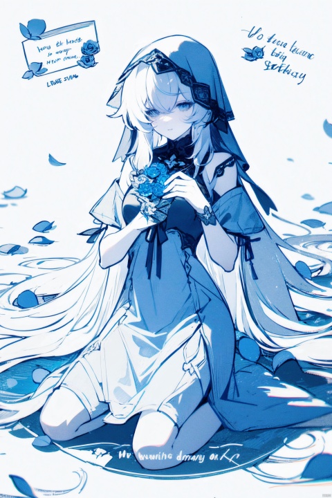  1girl, blue eyes, white long translucent night gown, expressionless, (white hair), hair cover one eye, long hair, blue hair flower, kneeling on lake, blood, (plenty of blue petals:1.35), (white background:1.5), (English text), greyscale, monochrome,greyscale,monochrome,sketch, liuying, backlight,a girl named heitiane