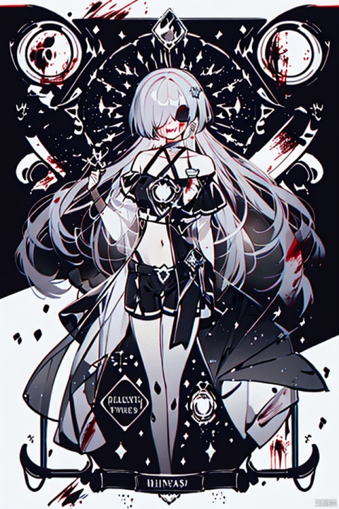  masterpiece, best quality,1girl, alternate costume, solo, bag, looking at viewer, blush, plaid, charm (object), bag charm, bangs, contemporary, sidelocks, jewelry, character name, female woman, white background, 
\\\\\\\\\\\,
(whuangquan:1.2),white hair,asymmetrical clothes,(bloody hand,red hand:1.35) eyes,long hair,hair over one eye,shorts,
, tattoo on stomach, spread leg, yinwen,no humans, cover