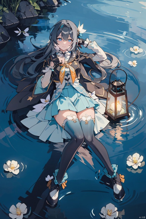  masterpiece, best quality,1girl, alternate costume, 
\\\\\\\\\
 1girl, solo,  flower, lantern, water, ripples, bangs, white_flower, looking_at_viewer, full_body, copyright_name, reflection, lying,
\\\\\\\\\\\,
liuying,def clothe,1girl,black thighhighs,blue eyes,hairband,long hair,black hairband,fingerlessgloves,skirt,
