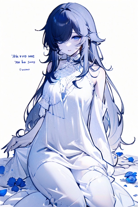  1girl, blue eyes, white long translucent night gown, expressionless, (white hair), hair cover one eye, long hair, blue hair flower, kneeling on lake, blood, (plenty of blue petals:1.35), (white background:1.5), (English text), greyscale, monochrome,greyscale,monochrome,sketch, liuying, backlight,a girl named heitiane, tattoo on stomach, haoche