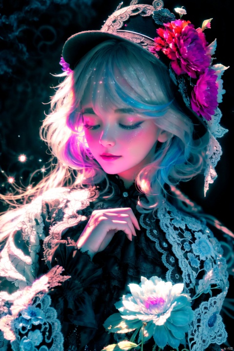  best quality, amazing quality, very aesthetic, absurdres, 1girl,rubbing eyes, happy tears,one eye closed,furina,headwear,solo,flames,liquid,flower,background,colorful, looking at viewer,lace-trimmed.