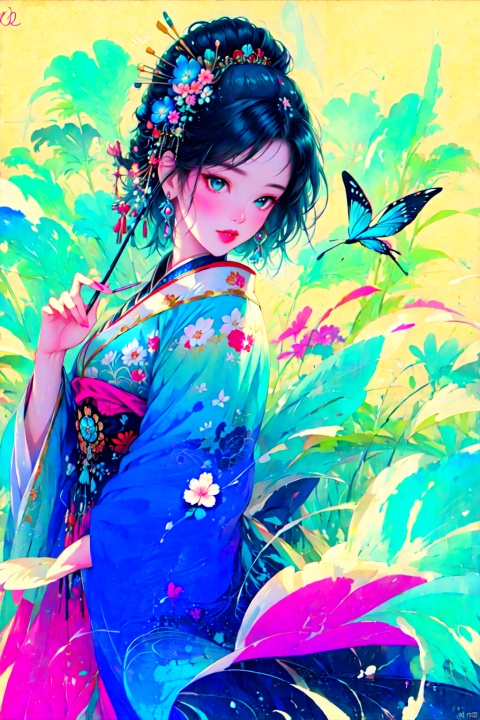  blue butterfly, in a colorful fantasy realism style, realistic color palette, wink and you miss details, japanese style art, fluid and organic shapes, light teal and light red, light reflection, gchf