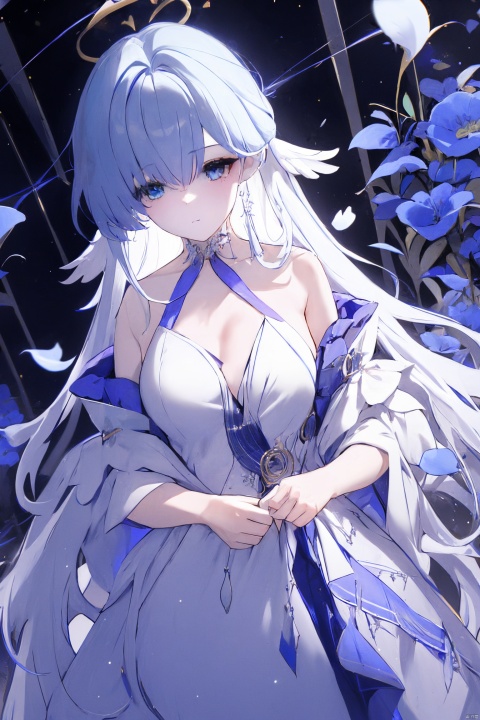  1girl, blue eyes, white long translucent night gown, expressionless, (white hair), hair cover one eye, long hair, blue hair flower, kneeling on lake, blood, (plenty of blue petals:1.35), (white background:1.5), (English text), greyscale, monochrome,greyscale,monochrome,sketch, liuying