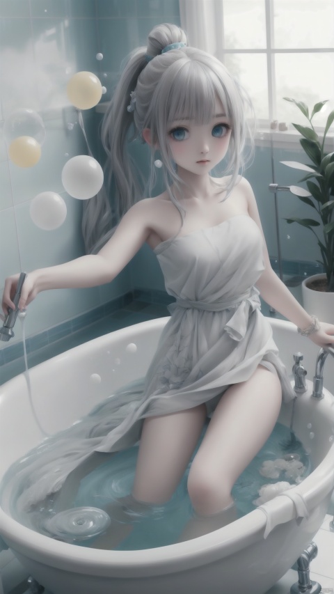  1girl, bathtub, solo, long hair, looking at viewer, window, white hair, bathing, indoors, water, soap bubbles, plant, bathroom, outstretched arms, bubble, bath, towel, blue eyes, ponytail, tiles, soap bottle, bangs, tile wall, potted plant, faucet, partially submerged, wet, blush, from above, parted lips, aqua eyes,