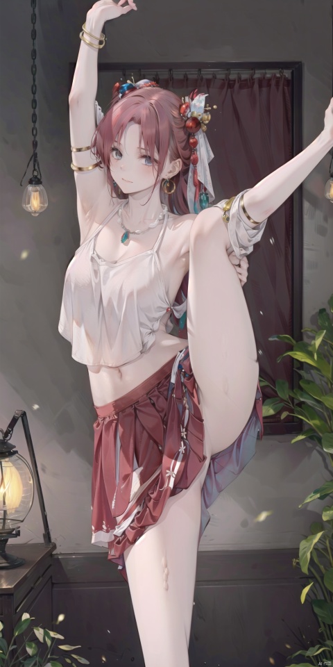  (masterpiece:1.2),(rich details:1.2),best quality,realistic,photorealistic,dance dive, 1girl, solo, long hair, jewelry, looking at viewer, bracelet, arms up, skirt, navel, red hair, armlet, earrings, midriff, dancer, gem, lantern, blurry, necklace, red skirt, long skirt, head chain, dancing, breasts, standing, closed mouth, bare shoulders, lamp, armpits, light particles, bangs, dancing diva, Anime, spread leg
