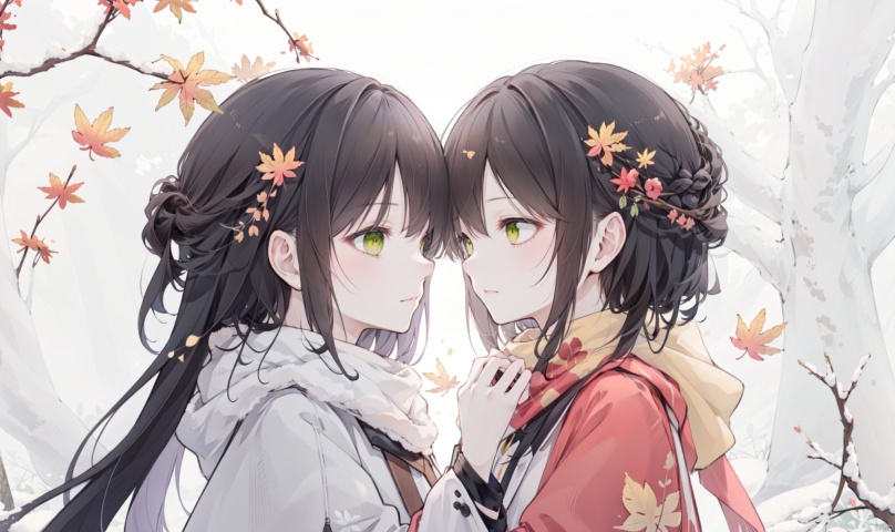 1girl, long hair, bangs, brown hair, black hair, long sleeves, 1boy, closed mouth, upper body, hetero, hand up, scarf, looking at another, coat, profile, leaf, expressionless, wind, light particles, eye contact, height difference, branch, white scarf, autumn leaves, yellow theme, clothes grab, A couple look at each other affectionately, Aesthetic, The seasons change, Winter, Autumn, Spring, Summer, Snow theme, Purple theme, Green theme, It snows, Willow tree, Peach blossom, from side, yinwen,no humans