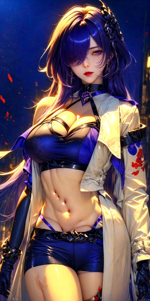  best quality, amazing quality, very aesthetic, 1girl, Ink scattering_Chinese style,yjmonochrome,Ink and wash style, solo, long hair, breasts, looking at viewer, bangs, large breasts, shirt, hair ornament, gloves, long sleeves, navel, holding, cleavage, closed mouth, standing, purple eyes, jacket, purple hair, thighs, cowboy shot, open clothes, shorts, black gloves, midriff, belt, wide sleeves, stomach, hair over one eye, coat, crop top, short shorts, highleg, black shorts, white jacket, white coat,hquan, meiren-red lips, Diagram